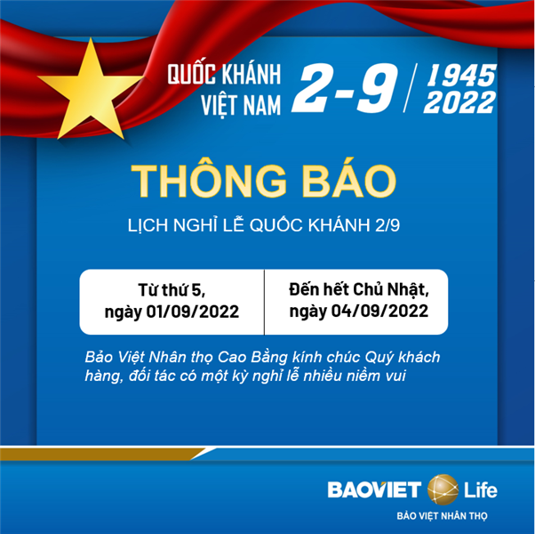 THÔNG BÁO LỊCH NGHỈ LỄ 2/9 - BVNT CAO BẰNG