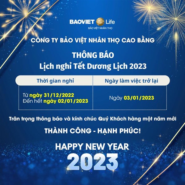 THÔNG BÁO NGHỈ TẾT DƯƠNG LỊCH 2023 - BVNT CAO BẰNG