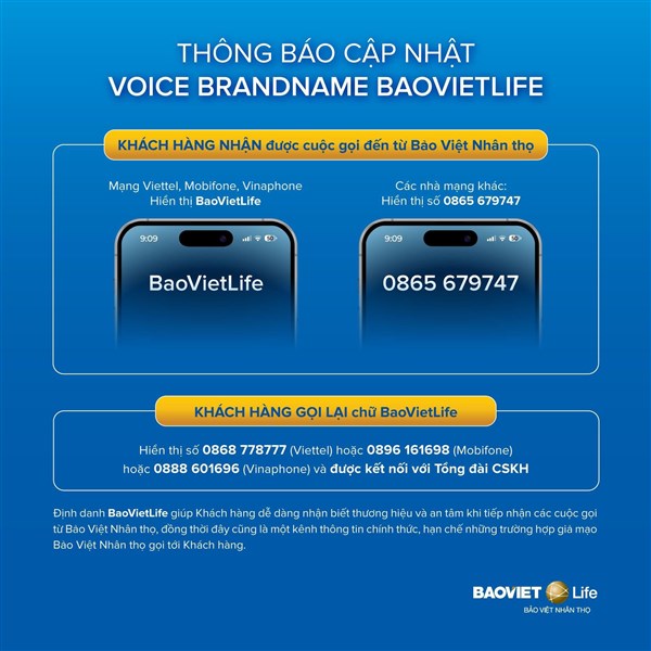 Bảo Việt Nhân thọ áp dụng Voice Brandname khi gọi tới thuê bao của mạng Viettel, Vinaphone, Mobifone