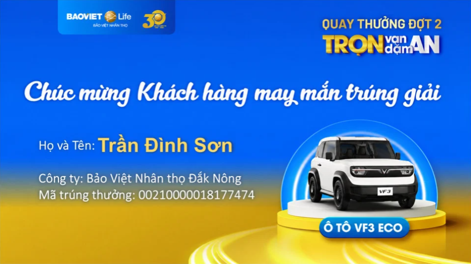 Kết quả quay thưởng Đợt 2 chương trình khuyến mại "Trọn Vạn Dặm An"