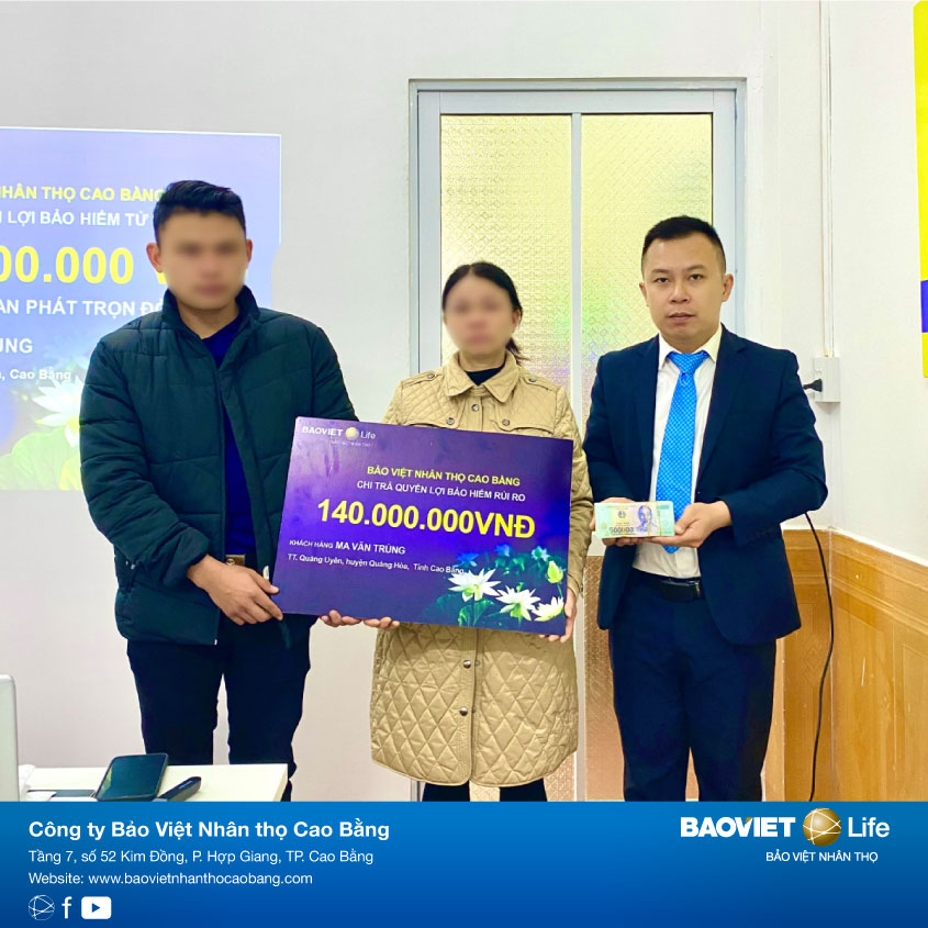 Bảo Việt Nhân thọ Cao Bằng chi trả 140 triệu quyền lợi bảo hiểm rủi ro cho gia đình khách hàng tại Quảng Uyên