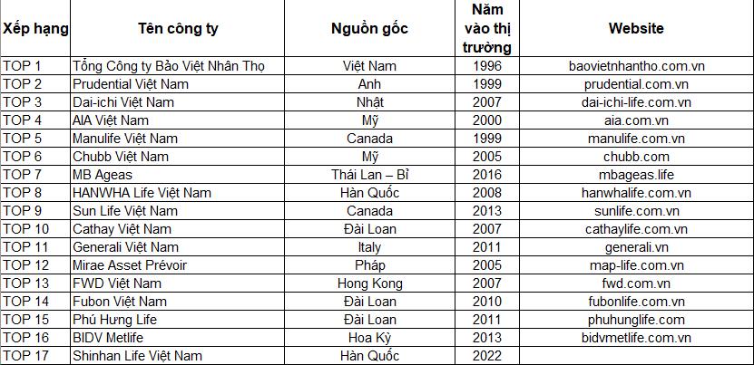 Danh sách thống kê các công ty bảo hiểm lớn tại Việt Nam