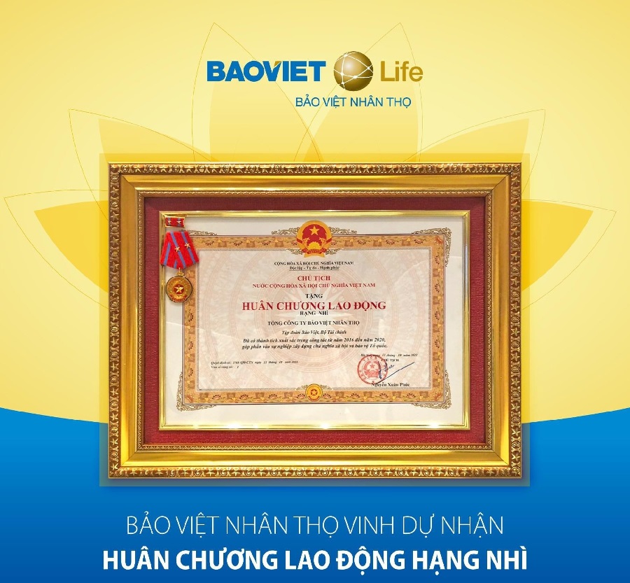 Giấy chứng nhận Tổng Công ty Bảo Việt Nhân thọ đạt Huân chương lao động hạng Nhì từ chủ tịch nước
