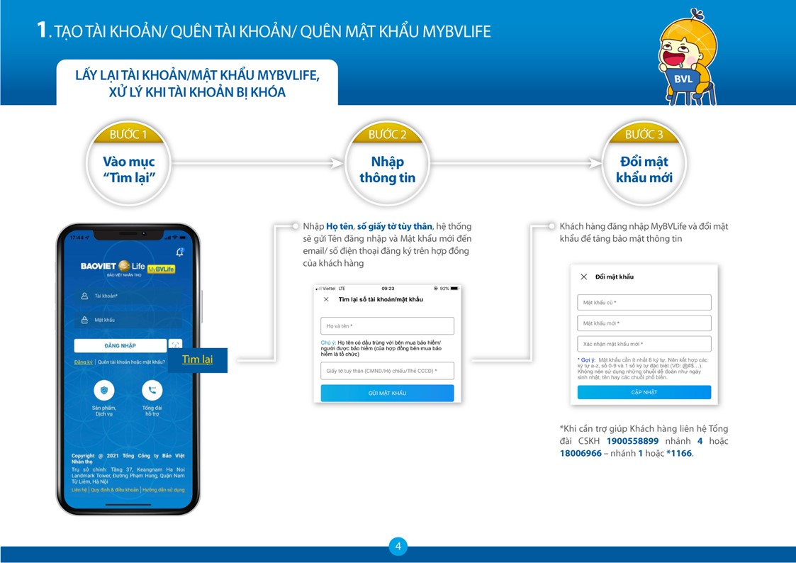 Lấy lại tài khoản/mật khẩu MyBVLife, xử lý khi tài khoản bị khóa
