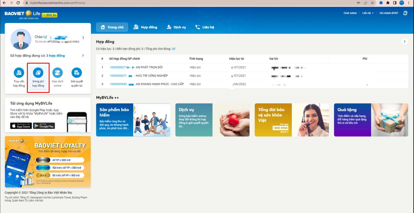 Đóng phí bảo hiểm trên Website MyBVLife.baovietnhantho.com.vn
